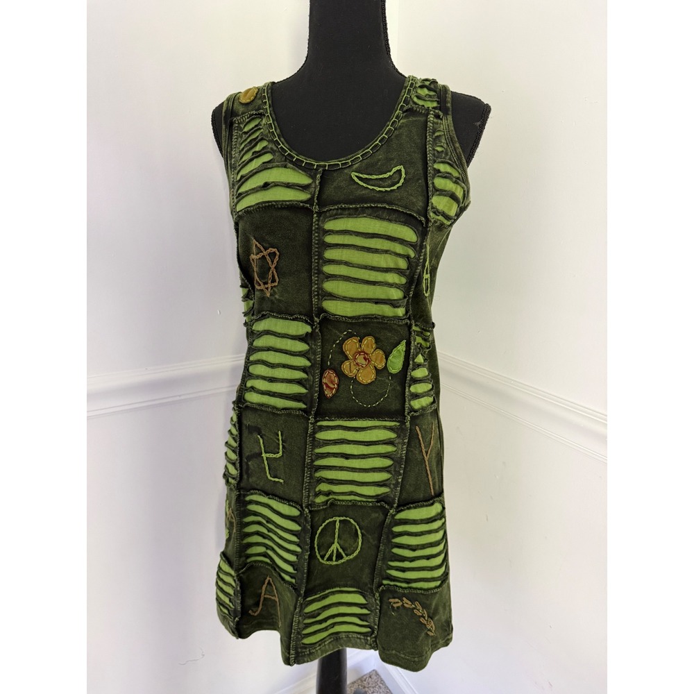 Earthy Boho Whimsigoth Razor Cut Patchwork Mini Dress Green size S
